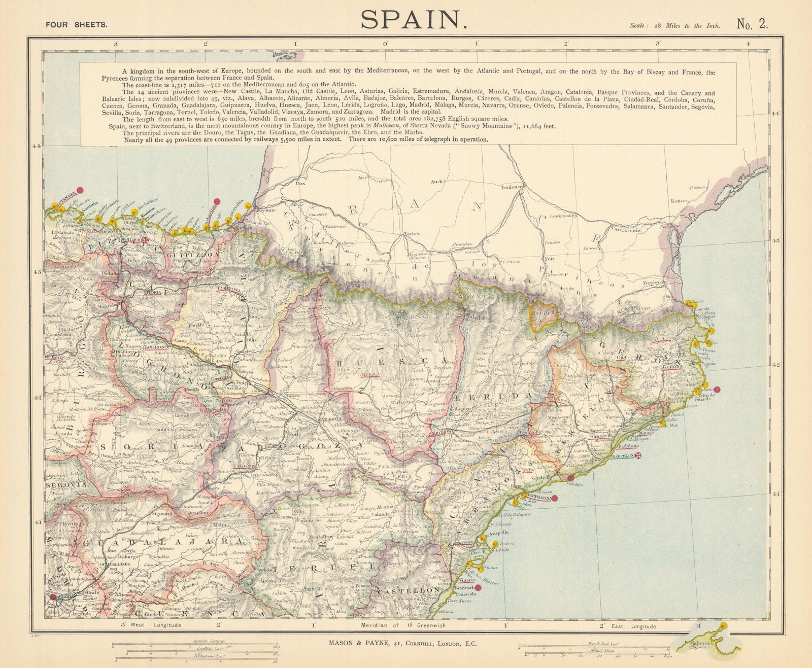 SPAIN NORTH EAST. Catalonia Aragon Navarra. Railways Lighthouses. LETTS 1892 map